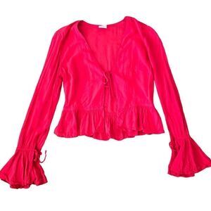 Lisa Says Gah Crop Top Women's XS Pink Long Sleeve Chiffon Ruffle Hem Blouse